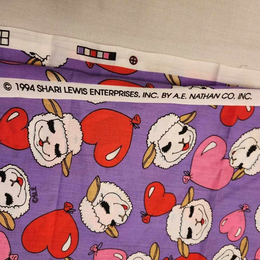 Vtg 1994 Lamb Chop Fabric Shari Lewis Purple Heart 52x46 AE Nathan Co Rare 1.85y